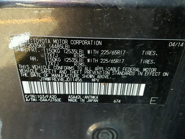 JTMWFREV4EJ011456 - 2014 TOYOTA RAV4 XLE GRAY photo 10