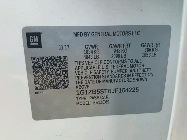 1G1ZB5ST6JF154225 - 2018 CHEVROLET MALIBU LS თეთრი ფოტო 10