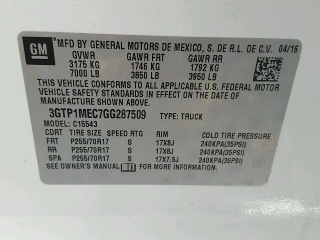 3GTP1MEC7GG287509 - 2016 GMC SIERRA C15 WHITE photo 10