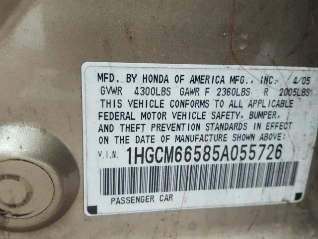 1HGCM66585A055726 - 2005 HONDA ACCORD EX GOLD photo 10