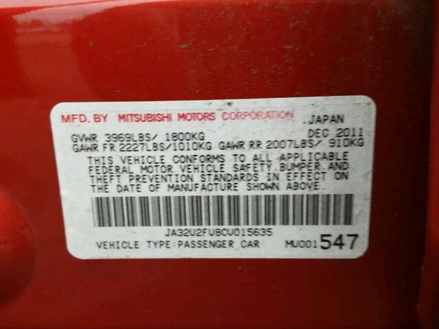 JA32U2FU8CU015635 - 2012 MITSUBISHI LANCER ES/ RED photo 10