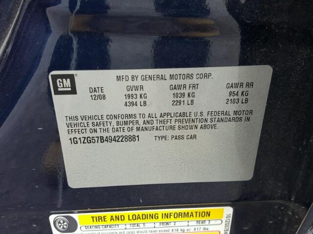 1G1ZG57B494228881 - 2009 CHEVROLET MALIBU LS BLUE photo 10