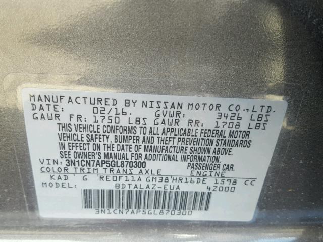 3N1CN7AP5GL870300 - 2016 NISSAN VERSA S GRAY photo 10