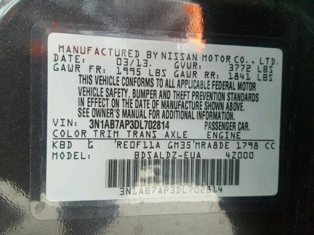 3N1AB7AP3DL702814 - 2013 NISSAN SENTRA S 石墨色 照片 10