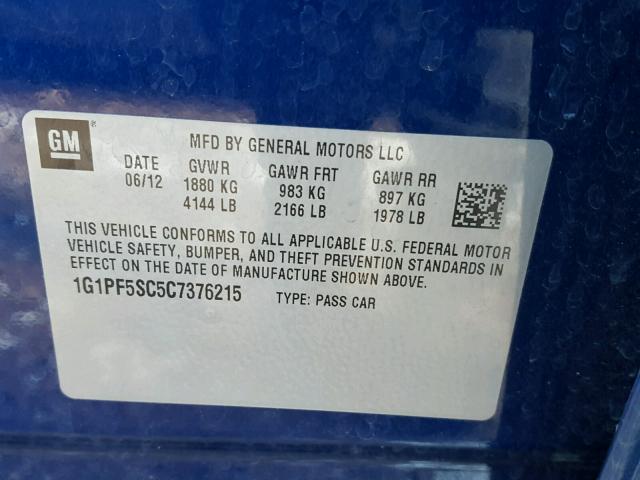 1G1PF5SC5C7376215 - 2012 CHEVROLET CRUZE LT BLUE photo 10