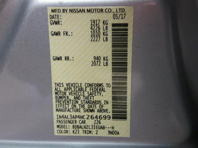 1N4AL3AP4HC264699 - 2017 NISSAN ALTIMA 2.5 SILVER photo 10