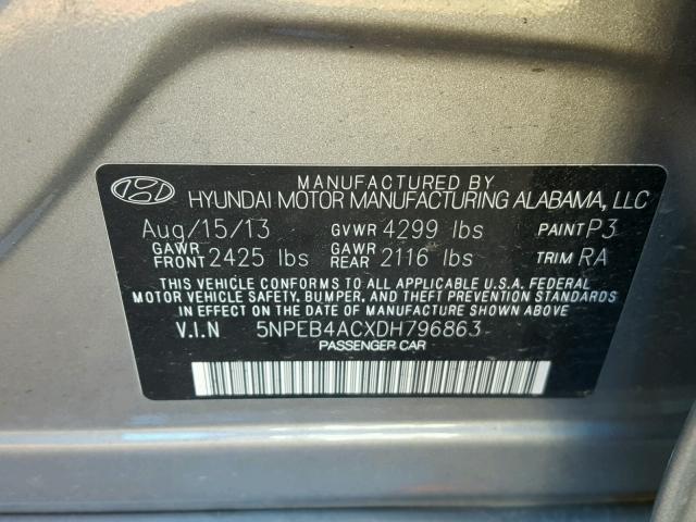 5NPEB4ACXDH796863 - 2013 HYUNDAI SONATA GLS GRAY photo 10