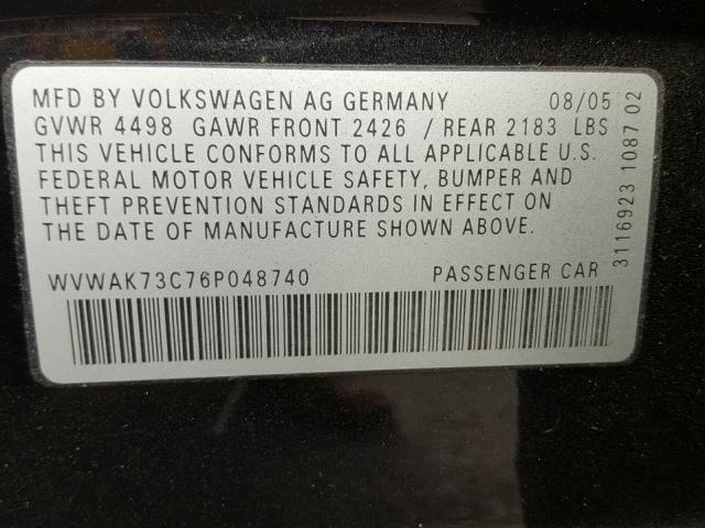 WVWAK73C76P048740 - 2006 VOLKSWAGEN PASSAT BLACK photo 10