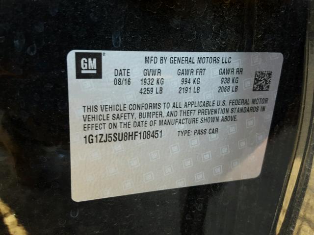 1G1ZJ5SU8HF108451 - 2017 CHEVROLET MALIBU HYB 黑色 照片 10