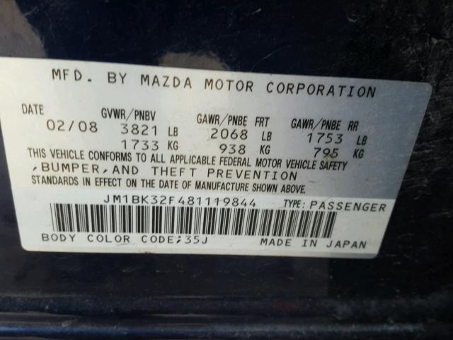 JM1BK32F481119844 - 2008 MAZDA 3 I BLUE photo 10