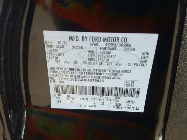 1FMCU0DGXAKB76936 - 2010 FORD ESCAPE XLT BLACK photo 10