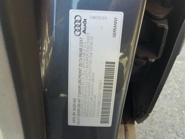 WAULT68E52A110561 - 2002 AUDI A4 3.0 QUA GRAY photo 10