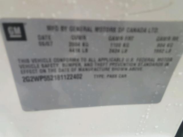 2G2WP552181122402 - 2008 PONTIAC GRAND PRIX WHITE photo 10