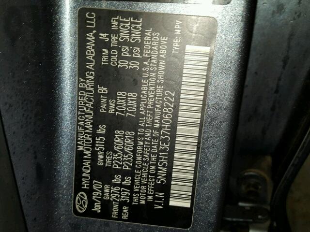 5NMSH13E37H068222 - 2007 HYUNDAI SANTA FE S BLUE photo 10