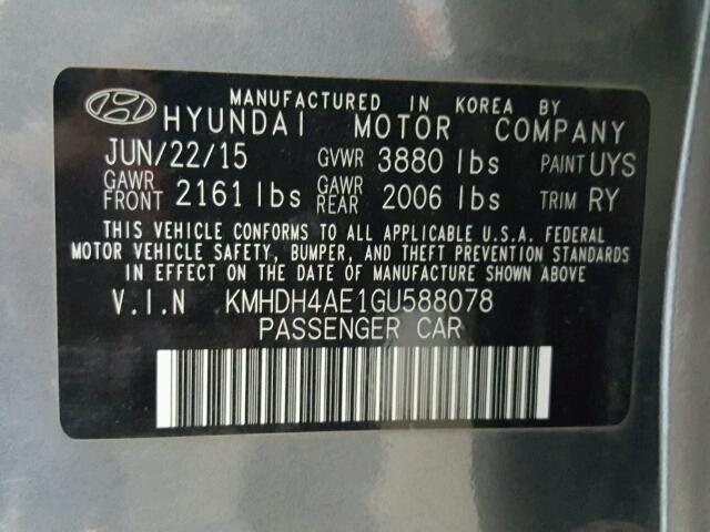 KMHDH4AE1GU588078 - 2016 HYUNDAI ELANTRA SE GRAY photo 10