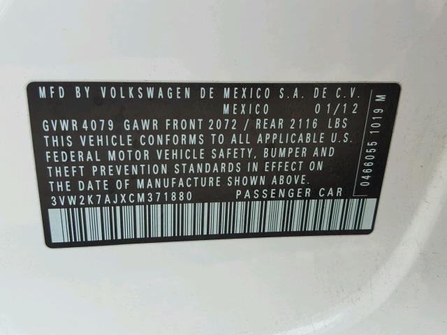 3VW2K7AJXCM371880 - 2012 VOLKSWAGEN JETTA BASE WHITE photo 10