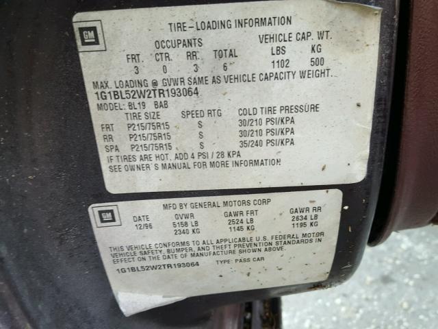 1G1BL52W2TR193064 - 1996 CHEVROLET CAPRICE CL 紫色 照片 10