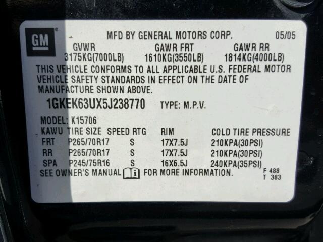 1GKEK63UX5J238770 - 2005 GMC YUKON DENA BLACK photo 10