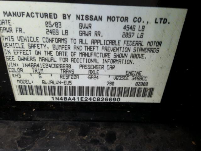 1N4BA41E24C826690 - 2004 NISSAN MAXIMA SE BLACK photo 10