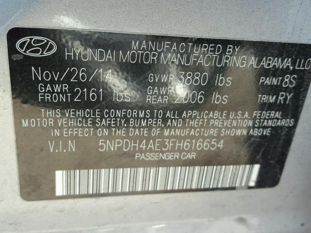 5NPDH4AE3FH616654 - 2015 HYUNDAI ELANTRA SE SILVER photo 10