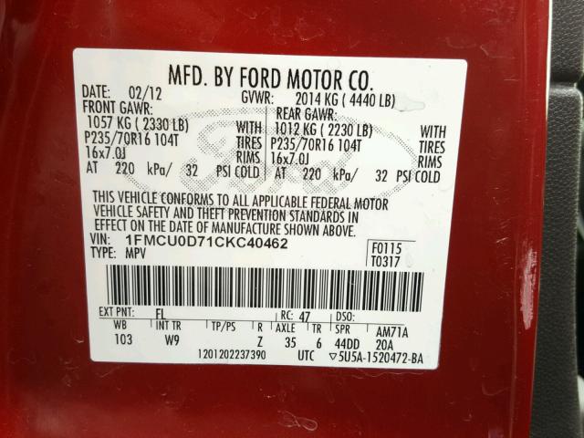 1FMCU0D71CKC40462 - 2012 FORD ESCAPE RED photo 10