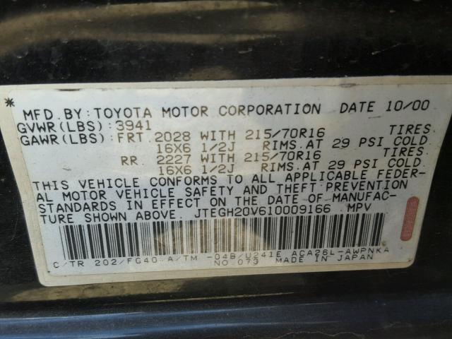 JTEGH20V610009166 - 2001 TOYOTA RAV4 BLACK photo 10