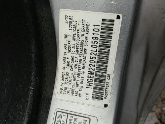 1HGEM22052L059101 - 2002 HONDA CIVIC EX 银色 照片 10