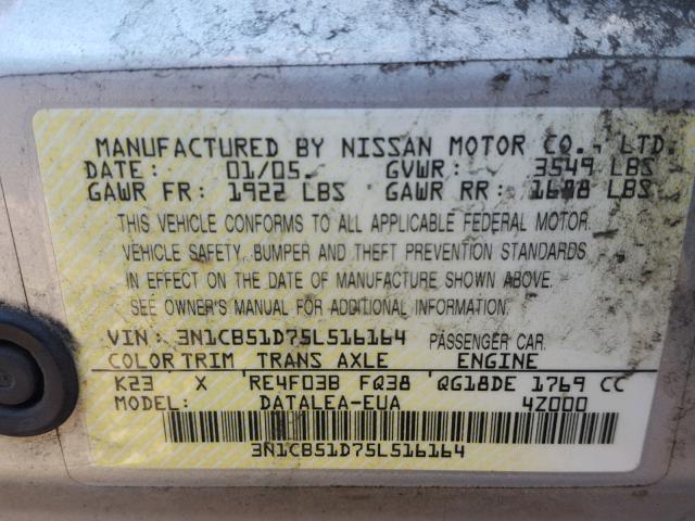 3N1CB51D75L516164 - 2005 NISSAN SENTRA 1.8 SILVER photo 10