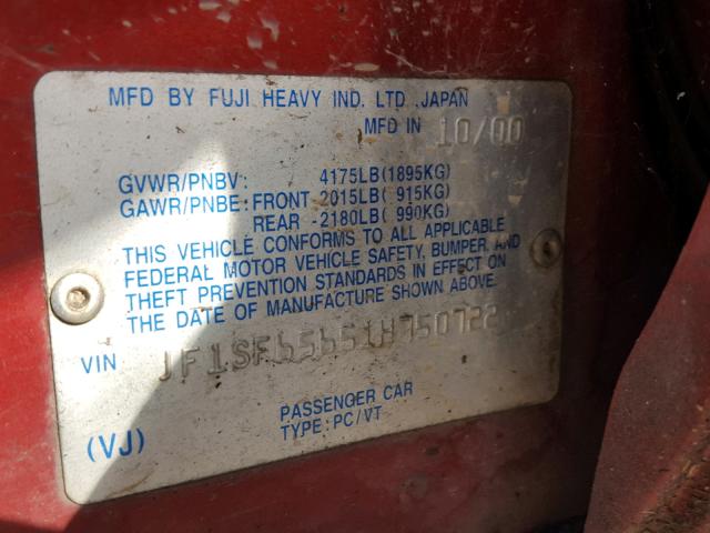 JF1SF65651H750722 - 2001 SUBARU FORESTER S 红色 照片 10