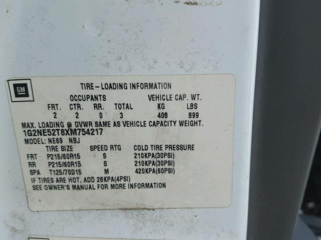 1G2NE52T8XM754217 - 1999 PONTIAC GRAND AM S WHITE photo 10