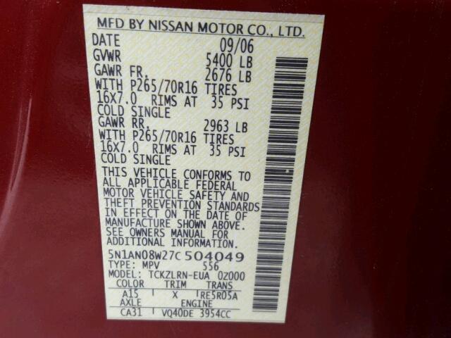 5N1AN08W27C504049 - 2007 NISSAN XTERRA RED photo 10