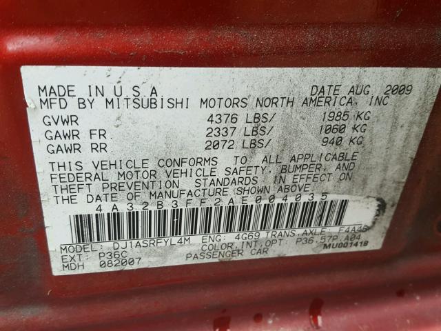 4A32B3FF2AE004035 - 2010 MITSUBISHI GALANT ES RED photo 10