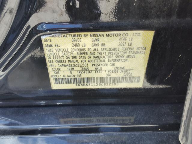 1N4BA41E26C812503 - 2006 NISSAN MAXIMA SE BLACK photo 10