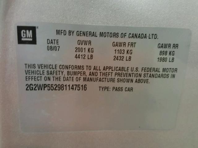 2G2WP552981147516 - 2008 PONTIAC GRAND PRIX ვერცხლისფერი ფოტო 10