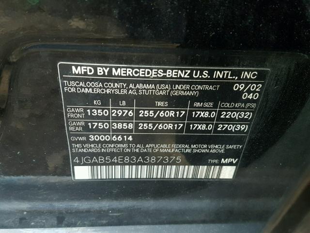 4JGAB54E83A387375 - 2003 MERCEDES-BENZ ML BLACK photo 10