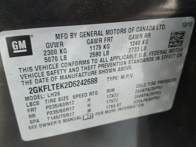 2GKFLTEK2D6242688 - 2013 GMC TERRAIN SL GRAY photo 10