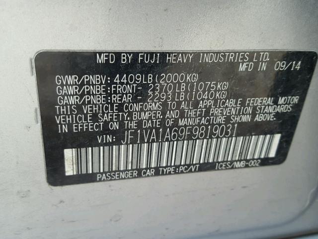 JF1VA1A69F9819031 - 2015 SUBARU WRX SILVER photo 10