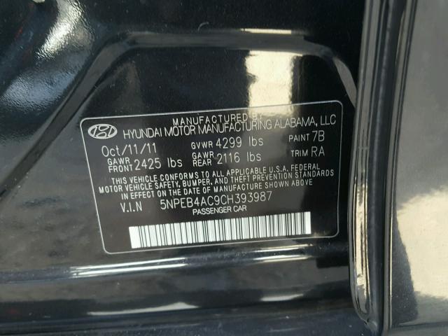 5NPEB4AC9CH393987 - 2012 HYUNDAI SONATA GLS BLACK photo 10