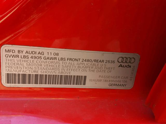 WAUMF78K89N046106 - 2009 AUDI A4 PRESTIG RED photo 10