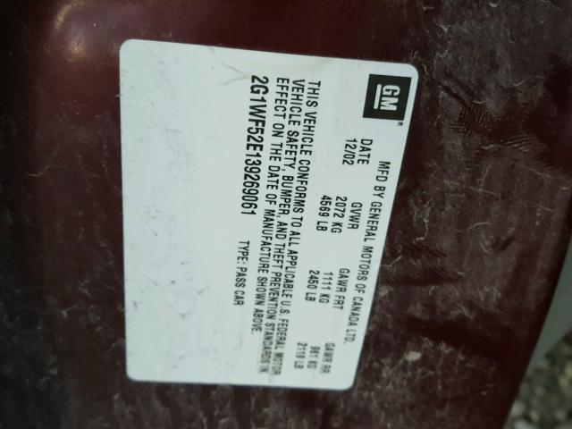 2G1WF52E139269061 - 2003 CHEVROLET IMPALA 栗色 照片 10