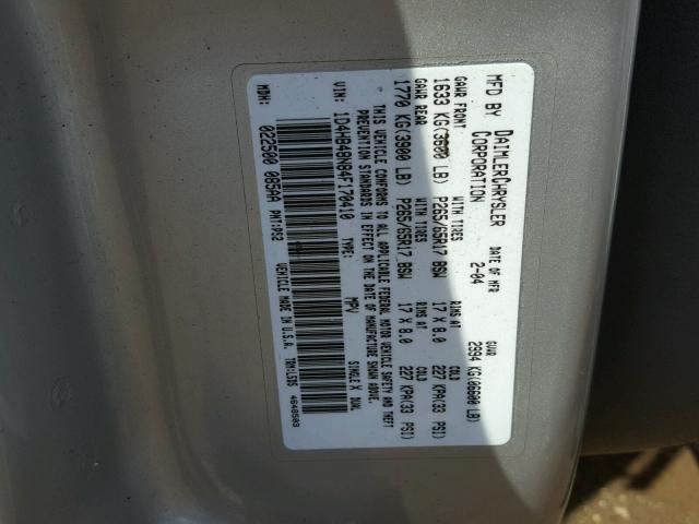 1D4HB48N84F170410 - 2004 DODGE DURANGO SL SILVER photo 10