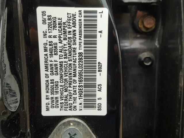 1HGES16595L023938 - 2005 HONDA CIVIC LX BLACK photo 10