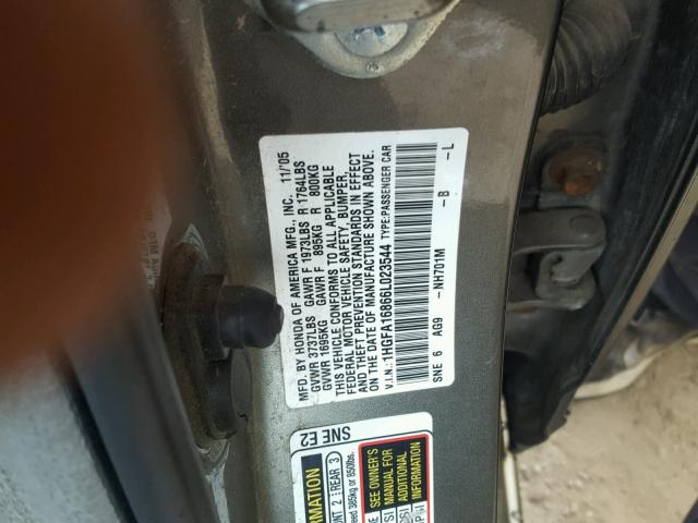 1HGFA16866L023544 - 2006 HONDA CIVIC EX GRAY photo 10