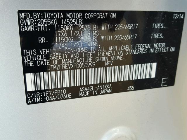 JTMZFREVXFD050999 - 2015 TOYOTA RAV4 LE SILVER photo 10