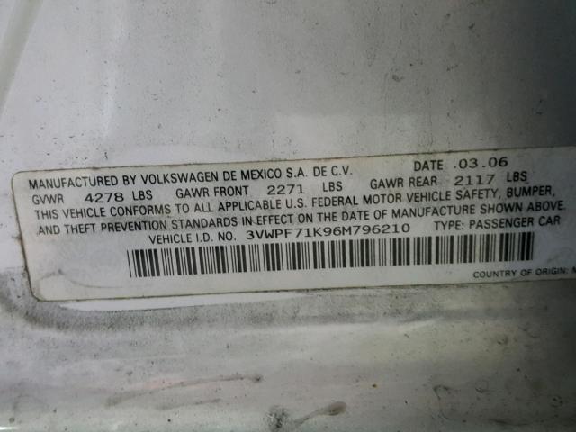 3VWPF71K96M796210 - 2006 VOLKSWAGEN JETTA VALU SILVER photo 10