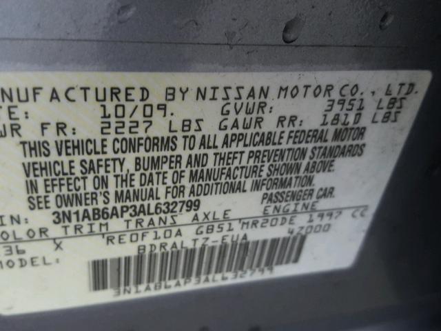 3N1AB6AP3AL632799 - 2010 NISSAN SENTRA 2.0 GRAY photo 10