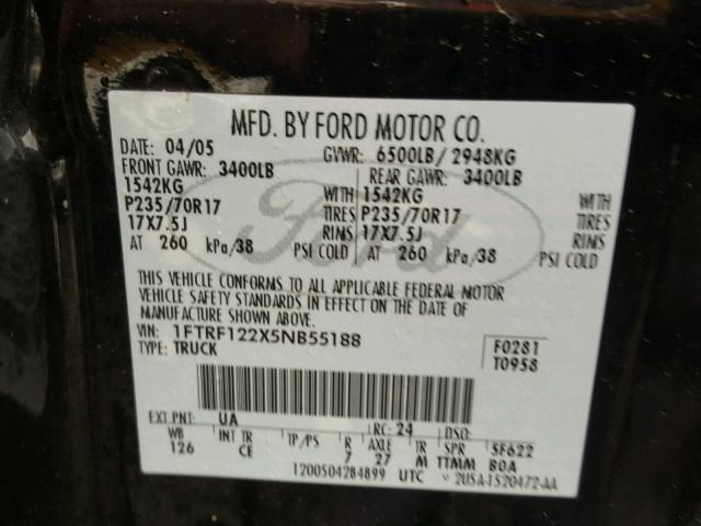 1FTRF122X5NB55188 - 2005 FORD F150 BLACK photo 10