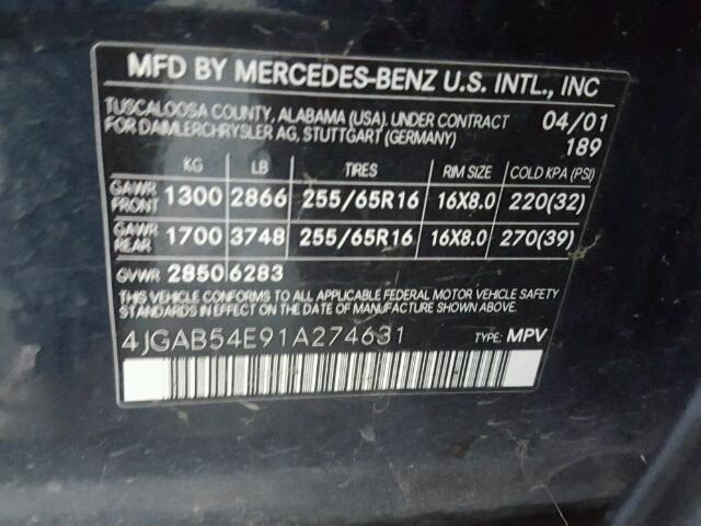 4JGAB54E91A274631 - 2001 MERCEDES-BENZ ML 320 BLACK photo 10
