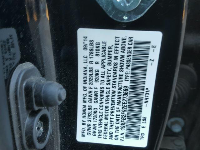 19XFB2F92EE273669 - 2014 HONDA CIVIC EXL Czarny zdjęcie 10