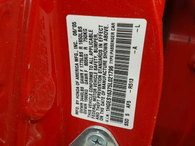 1HGES16375L021796 - 2005 HONDA CIVIC DX V RED photo 10